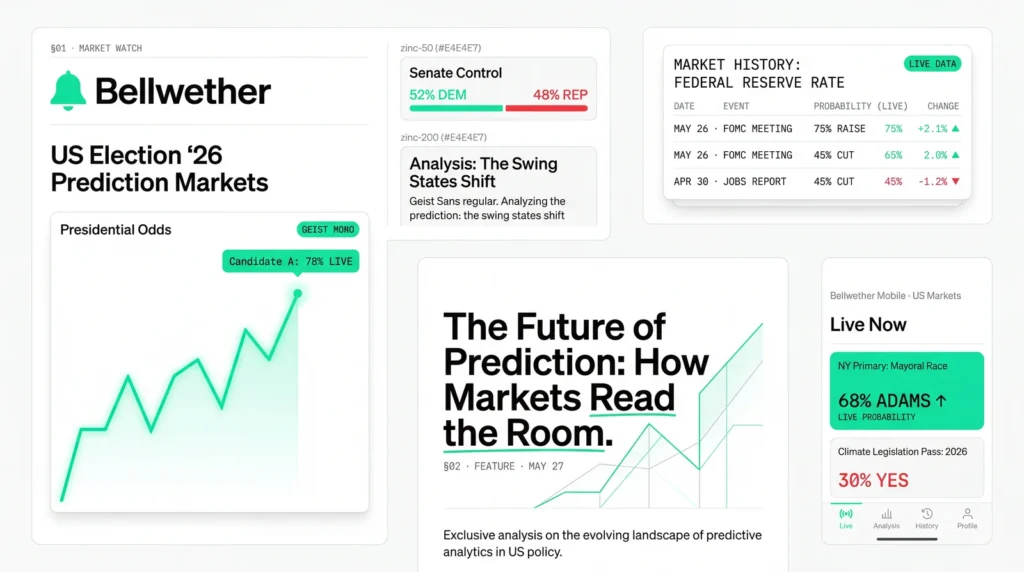 Bellwether dashboard mockup — US election prediction markets, Senate Control swing-states tracker, live presidential odds chart