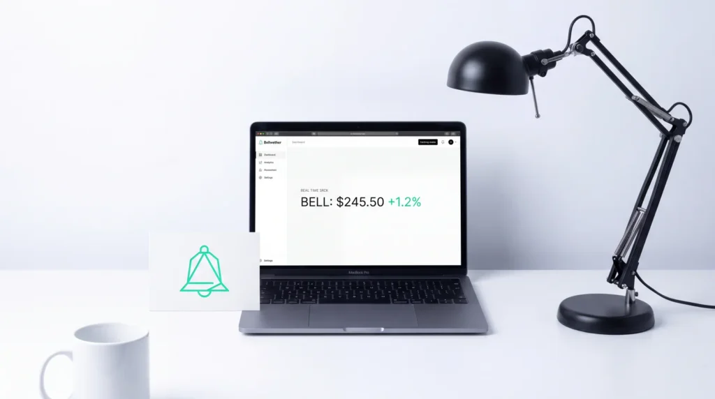 Kalshi prediction market on MacBook screen — live BELL price $245.50 +1.2% ticker, modern product photography