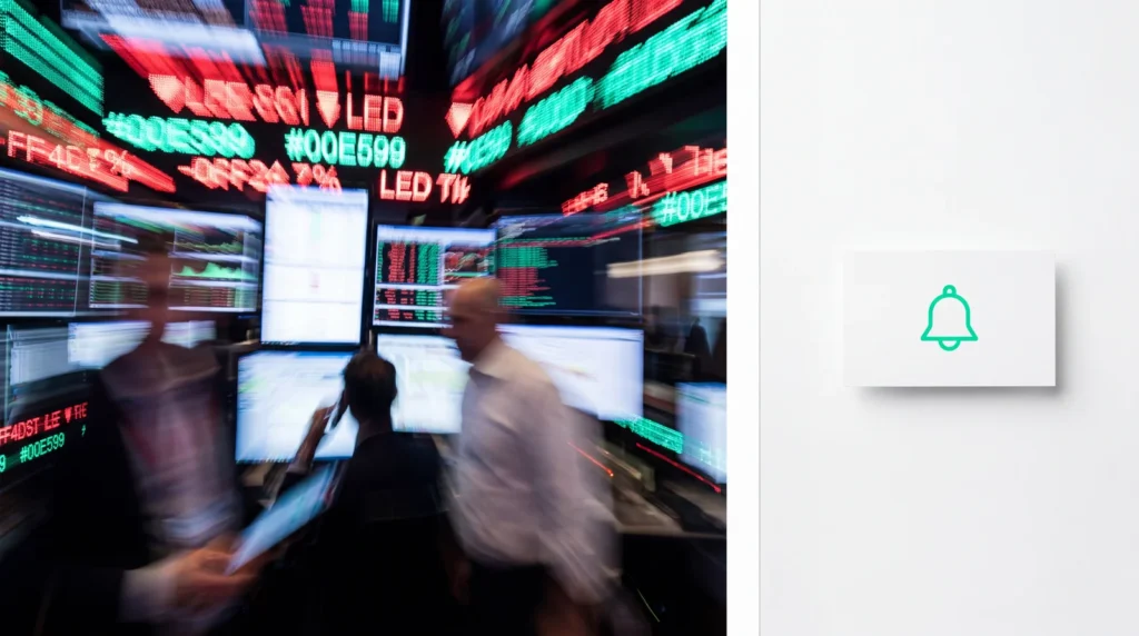Sports betting alternative — Wall Street trading floor with #00E599 mint accents next to clean Bellwether bell card