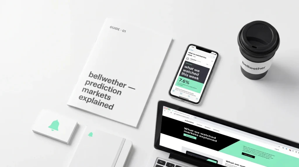 Bellwether prediction markets explained guide — printed book cover, iPhone showing live odds, Bellwether-branded coffee cup product photo