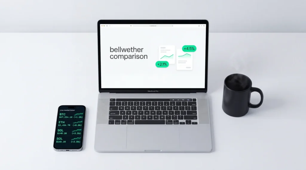 Polymarket trading dashboard — bellwether comparison on MacBook with +4.5% and +2.1% live signals, crypto ticker on iPhone