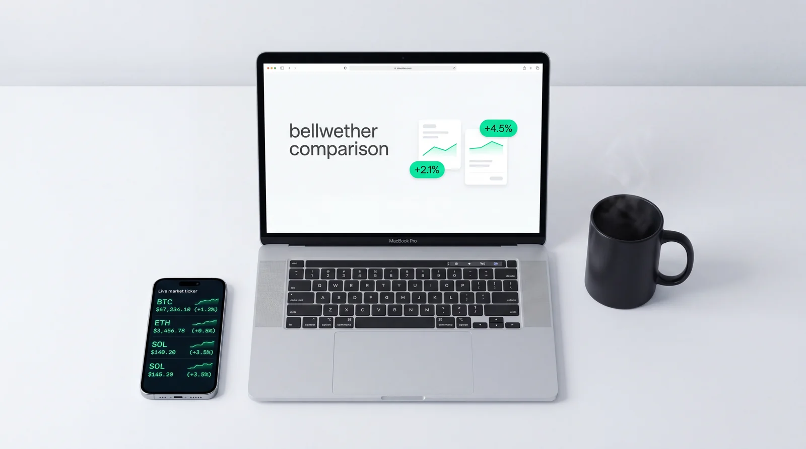 Polymarket trading dashboard — bellwether comparison on MacBook with +4.5% and +2.1% live signals, crypto ticker on iPhone