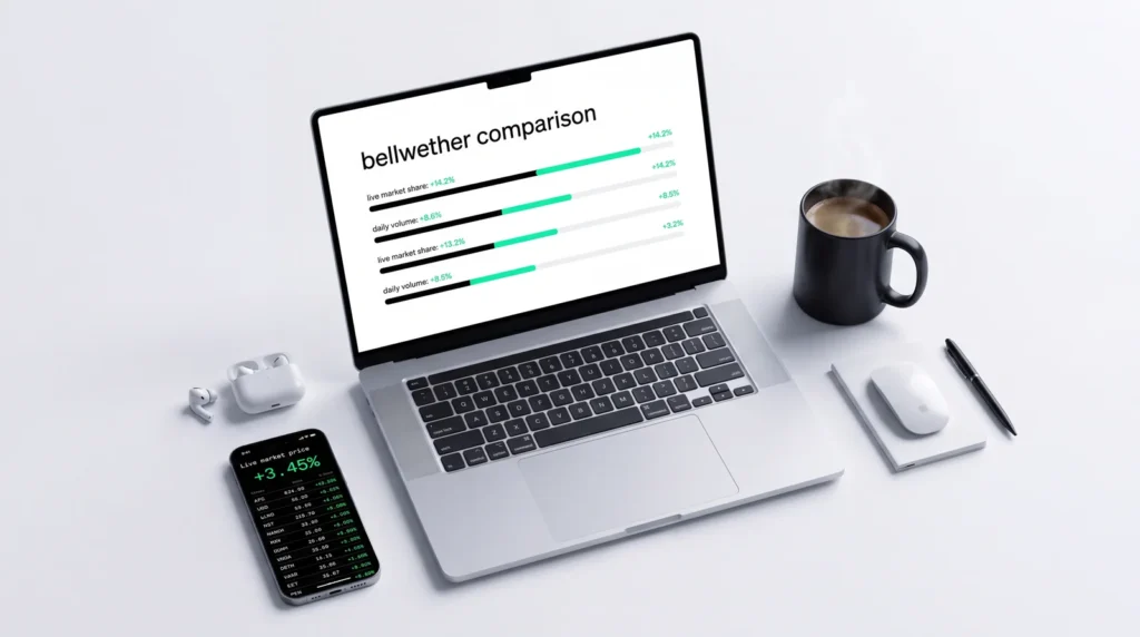 Bellwether comparison dashboard on MacBook desk — market share and daily volume metrics, AirPods, iPhone with live ticker, premium product photography