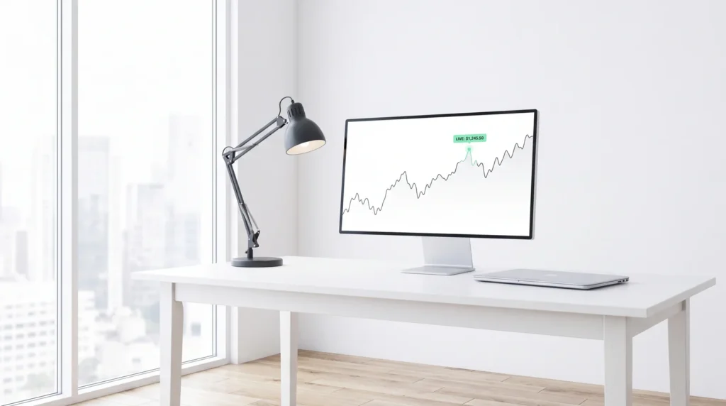 Robinhood event contracts trading desk — monitor showing prediction market chart with mint up-signal, anglepoise lamp, city skyline view